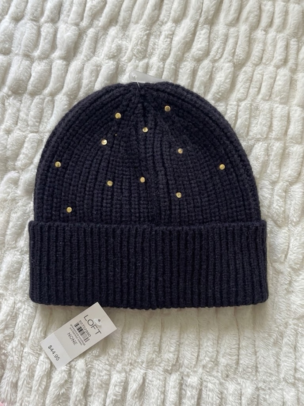 LOFT Navy Blue Studded Ribbed Knit Beanie NWT Gold Embellished Cuff Hat